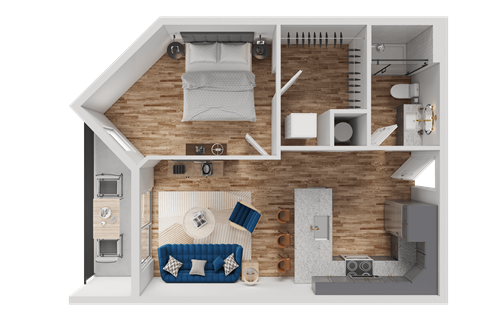 Floor plan for 1 bed, 1 bath, 580 sqft